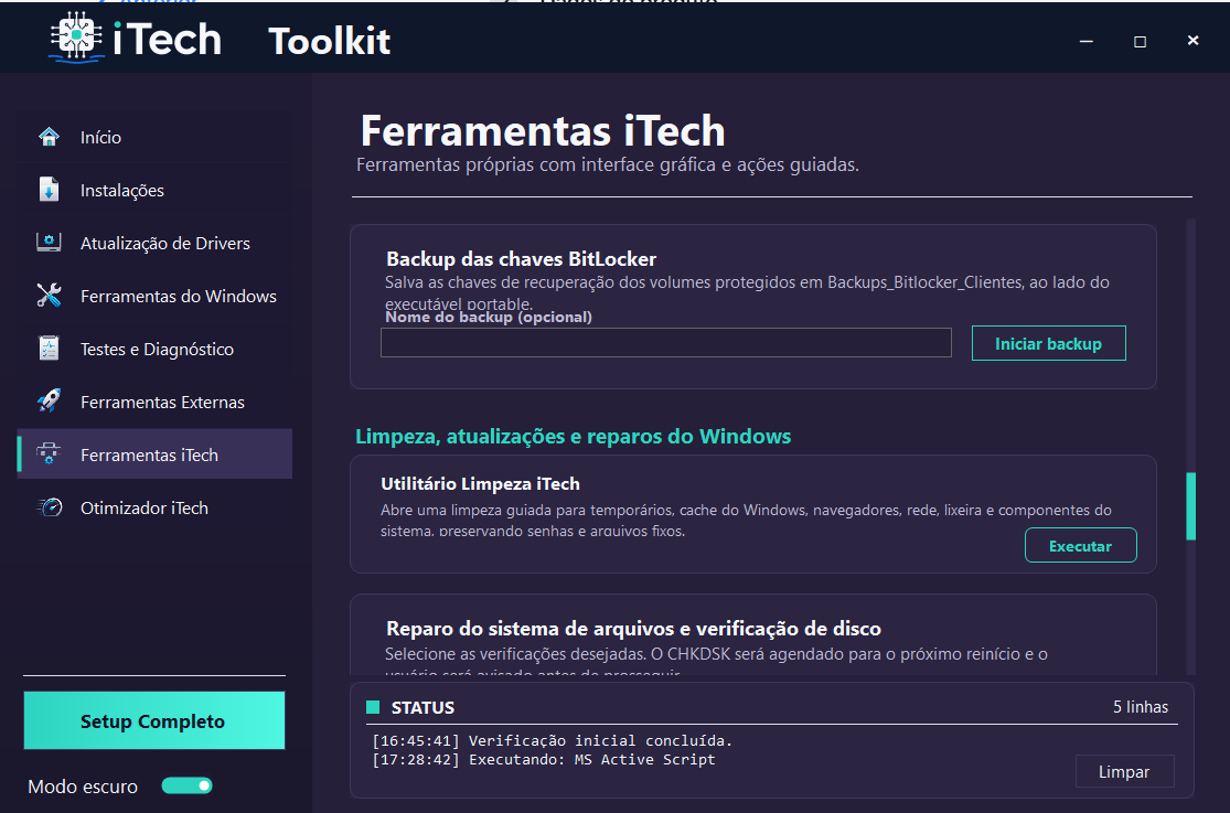 Tela Ferramentas iTech com backup BitLocker e reparos