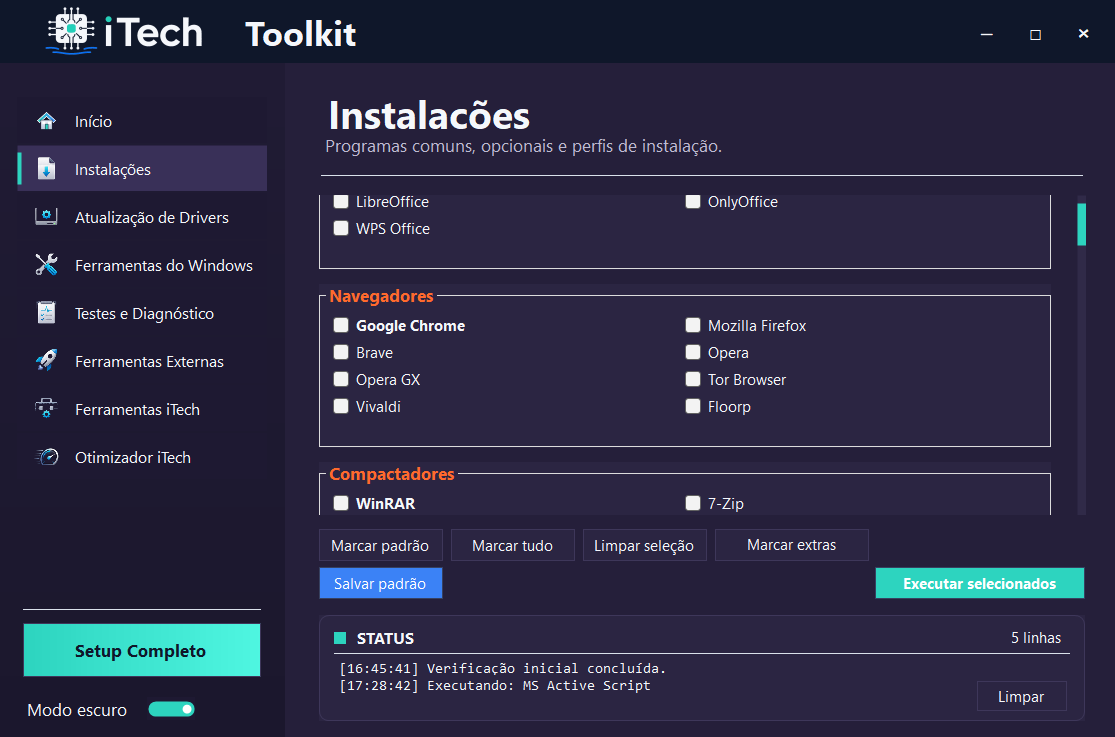 Tela de instalações do iTech Toolkit em tema claro