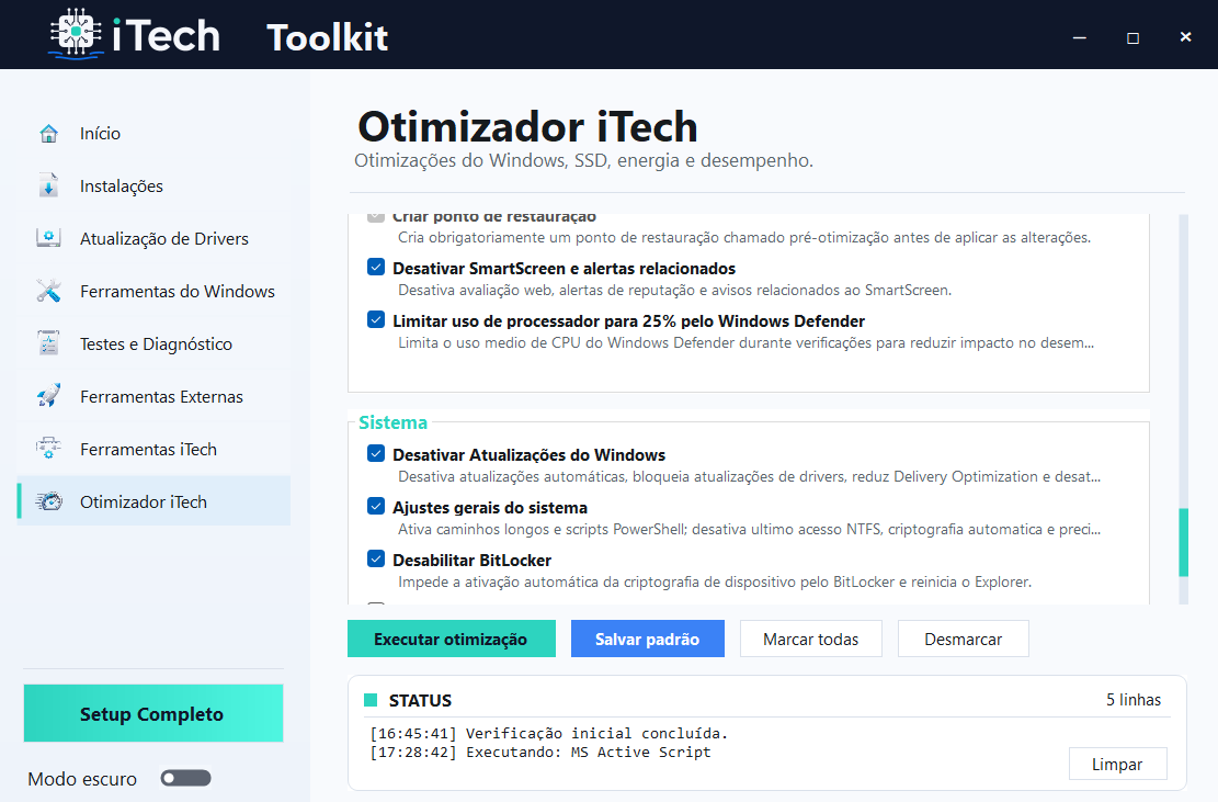 Tela do Otimizador iTech