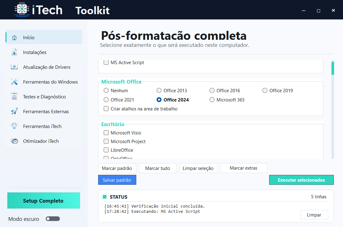 Tela de pós-formatação completa do iTech Toolkit em tema claro